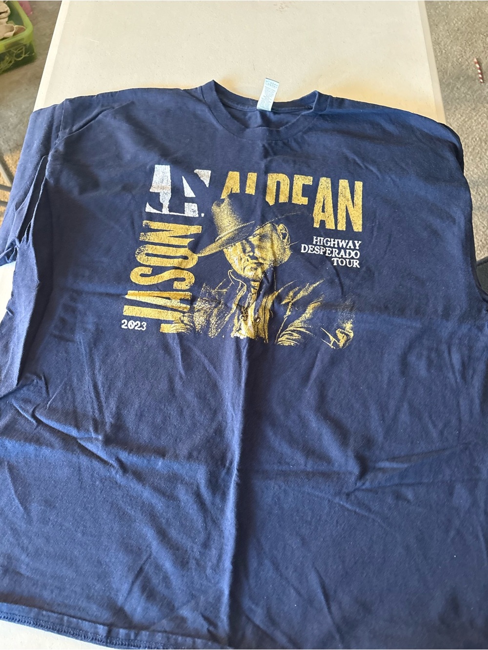 Jason Aldean Navy Shirt 'Highway Desperado Tour' Graphic Tee with Yellow Print